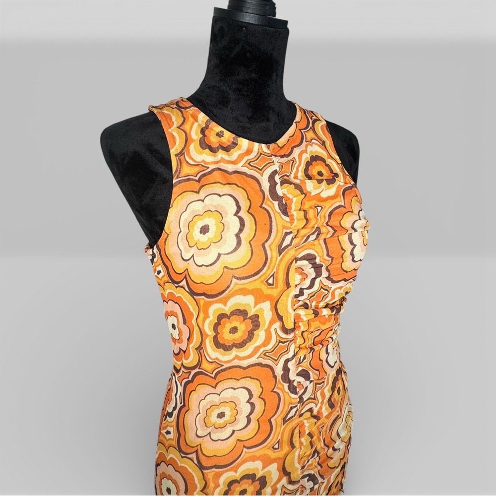 Neon Rose racer midi dress with ruched front seam in 70s floral mesh-Multi NWT - Picture 4 of 7